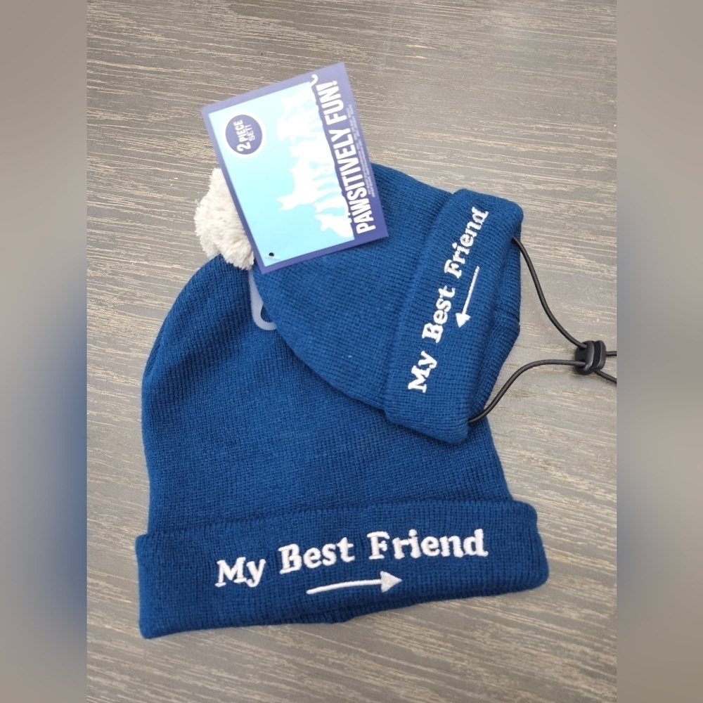 Blue 'My Best Friend Pet & Owner Beanie Hat Set , New.